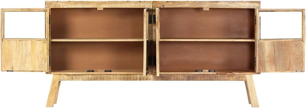 Industrial Style Solid Mango Wood Sideboard with Brown Finish and Black Accents, 63 Inch Length for Ample Storage, Durable Furniture for Living Room or Dining Area, Unique