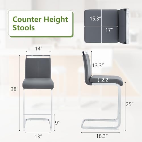 Counter Height Bar Stools Set of 4 - Grey Bar Stools for Kitchen Island,25'' Counter Stools with Leather Upholstered Seat,Metal Kitchen Island Chairs Ideal for Bar,Pub,Coffee Shop