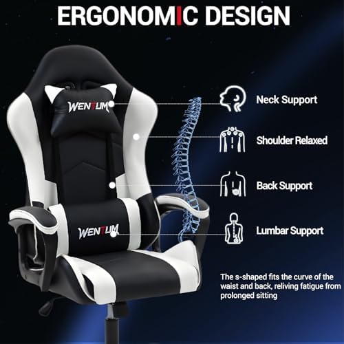 Gaming Chair PU Leather Massage PC Video Game Chair with Lumbar Support for Men Women, Home Office, Height Adjustable, Ergonomic, High Back, White