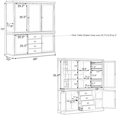 VilroCaz Freestanding Large Kitchen Pantry, Wooden Kitchen Organizers and Storage Kitchen Cabinet with 4 Drawers, Cupboard, 5 Doors, Adjustable Shelves for Dining Room (White-3.15)