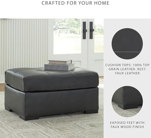 Signature Design by Ashley Brindley Pier Oversized Accent Ottoman, Fully Assembled Rectangular Tufted Footrest, Black Leather and Faux Leather Upholstery, Contemporary Living Room Seating, Fog