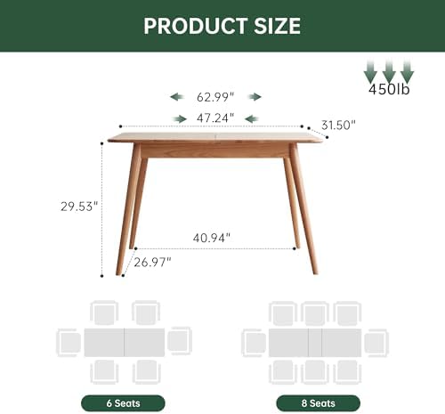 47’’-63’’ 100% Oak Extendable Dining Table, Solid Wood Folding Kitchen Table, Mid Century Modern Dinner Table for Kitchen, Apartment, Living Room (47''-63'' Natural)
