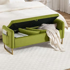 48" End of Bed Bench, Modern Storage Benches with Button-Tufted, Velvet Upholstered Storage Ottoman Bench for Foot of Bed with Arms, Gold Legs Window and Entryway, Olive Green