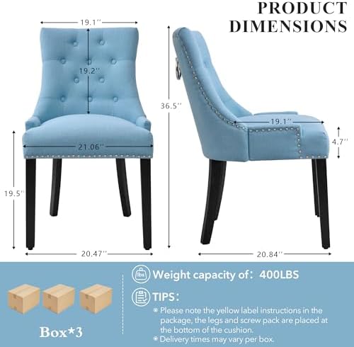 adochr Dining Chairs Set of 6, Upholstered Fabric Dining Room Chairs with Nailhead High Back & Ring Pull & Wooden Legs, Mid-Century Modern Kitchen Chairs for Restaurant, Living Room, Light Blue