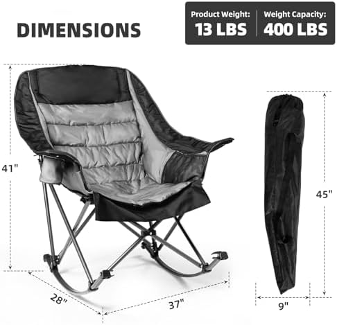 2 PCS Oversized Rocking Camping Chair for Adults - 400lbs Capacity Padded Camp Chair, Portable Foldable Outdoor Rocker Chair for Camping, Backyard, Patio (Black & Gray)