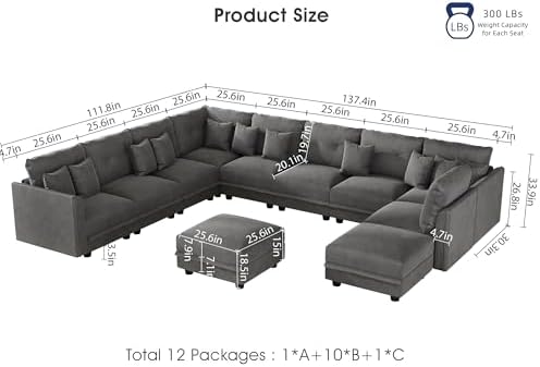 LLappuil 11-Seat Modular Sectional Sofa with Storage, Oversized V-Shaped Corduroy Couch with 10 Throw Pillows, Pet-Friendly Convertible Pit Sofa for Large Living Room, Skin-Friendly, Grey