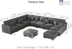 LLappuil 11-Seat Modular Sectional Sofa with Storage, Oversized V-Shaped Corduroy Couch with 10 Throw Pillows, Pet-Friendly Convertible Pit Sofa for Large Living Room, Skin-Friendly, Grey