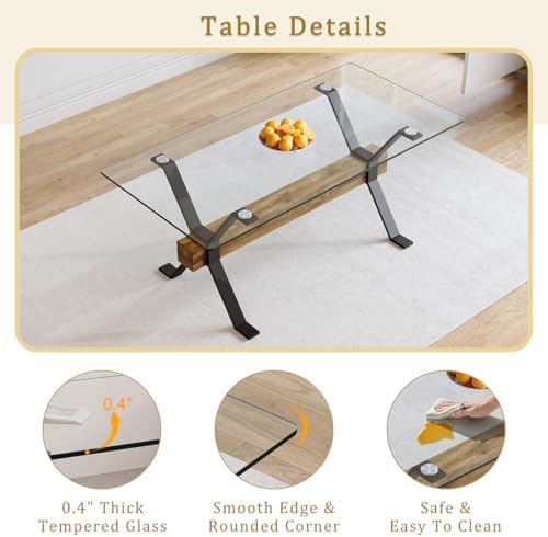 71" Glass Dining Table Set for 6, Modern Dining Table Set for 6, 0.4" Thick Tempered Glass Tabletop with Matte Black Metal Legs and Wooden Crossbar, 6 PU Chairs for Dining Room, Kitchen