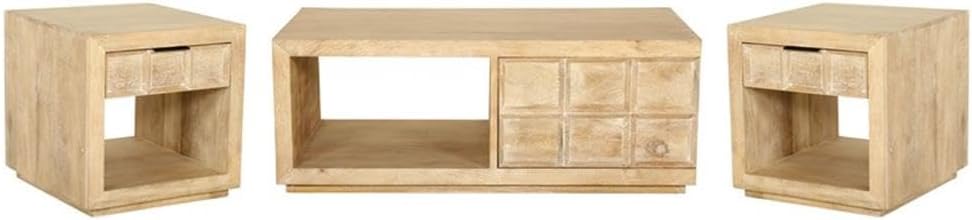 Pemberly Row 3Pc Wood Cocktail and End Table Set, Bleached Natural Finish, Mango Wood, Includes Storage Drawers and Shelves, Rectangular Coffee Table with Casters, Living Room Furniture Set