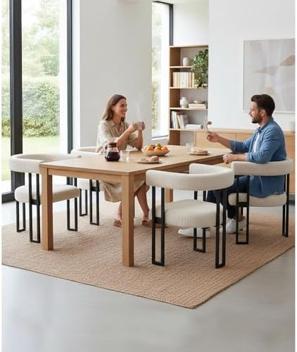 VIRRMO Boucle Corduroy Upholstered Dining Chair Set of 6 with Metal Legs Mid Century Modern Kitchen Chairs for Dining Room in Cream