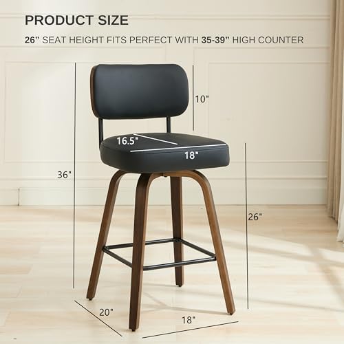 Swivel Bar Stools Set of 3, 26" Counter Height, Black | Walnut Wood Legs, Upholstered Seat, Supportive Backrest, Easy-Clean Faux Leather, Mid-Century Modern, 4-Inch Cushion