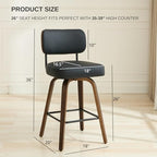 Swivel Bar Stools Set of 3, 26" Counter Height, Black | Walnut Wood Legs, Upholstered Seat, Supportive Backrest, Easy-Clean Faux Leather, Mid-Century Modern, 4-Inch Cushion