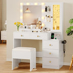Vanity Desk with Mirror and Lights, Makeup Vanity Table Set with 5 Storage Drawers, Power Outlet & Chair, Small Dressing Table with RGB Ambient Light, Adjustable Brightness for Girls Bedroom, White