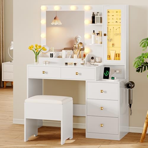 Vanity Desk with Mirror and Lights, Makeup Vanity Table Set with 5 Storage Drawers, Power Outlet & Chair, Small Dressing Table with RGB Ambient Light, Adjustable Brightness for Girls Bedroom, White