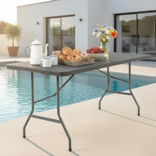 FDW | 6FT Folding Table | Black | Portable Plastic Table | with Carry Handle | Waterproof & Foldable Table Design | Steel Frame with Lock | for Events, Camping, Indoor & Outdoor Use