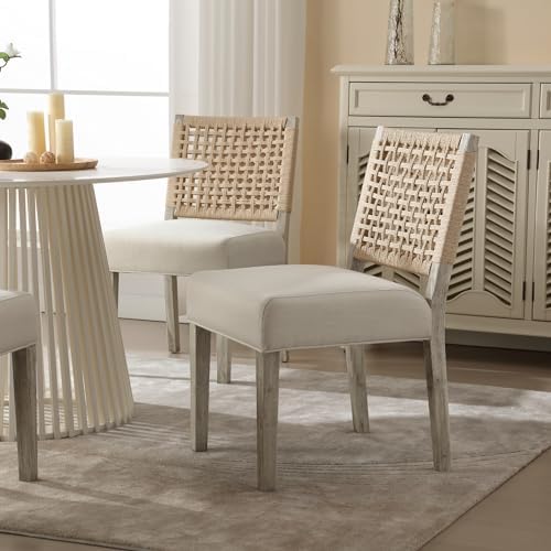 chairus upholstered Dining Chairs Set of 4, Boho Coastal Dining Room Chairs with Natural Woven Rope Back White Gray Washed Wood Leg Modern Farmhouse Wooden Kitchen Side Chairs, Ivory Linen Seat