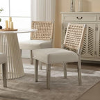 chairus upholstered Dining Chairs Set of 4, Boho Coastal Dining Room Chairs with Natural Woven Rope Back White Gray Washed Wood Leg Modern Farmhouse Wooden Kitchen Side Chairs, Ivory Linen Seat