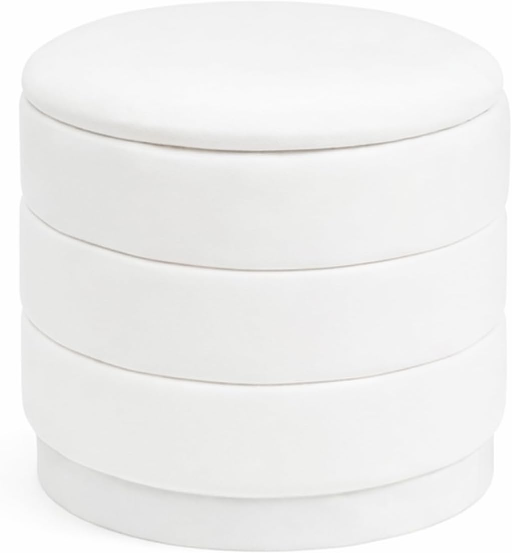 15.4" Round Velvet Storage Ottoman with Reversible Lid, Upholstered Circular Ottoman Footrest with Hidden Storage, Foldable Padded Footstool for Dorm Living Room & Bedroom, White