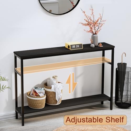 Timberer Narrow Console Table, 47 Inch Sofa Table with Adjustable Shelf | 2-Tier Long Skinny Table for Hallway, Entryway, Living Room, Foyer, Black