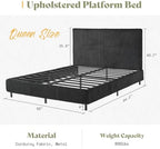 AMERLIFE Queen Bed Frame, Upholstered Metal Platform Bed, Black