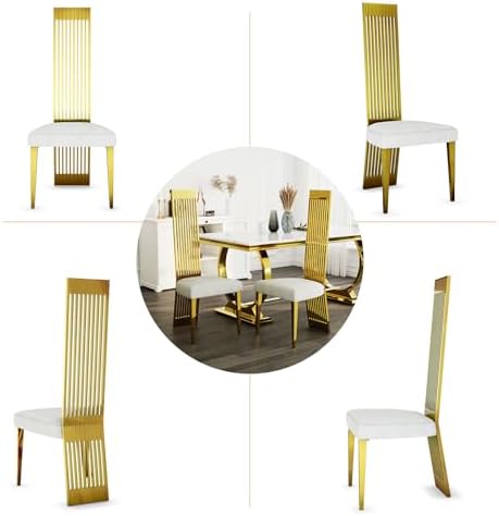 Dining Chairs Set of 6, Luxury Upholstered Boucle Chairs with Slatted Mirrored Polished Metal High Back and Legs, Modern White and Gold Dining Chairs with Breathable Backrest