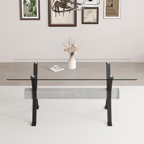 Glass Dining Table 71"｜Modern Dining Table for 6｜0.4" Thick Tempered Glass Top｜Matte Black Metal Legs｜Grey Crossbar｜Easy Assembly｜Perfect for Dining Room or Kitchen