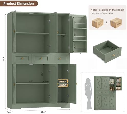HOSTACK 67"H Farmhouse Kitchen Pantry Storage Cabinet with 3 Drawers, Green | Large Food Pantry Cabinet with Swing-Out Door Rack & Adjustable Shelf for Kitchen, Dining room, Living room