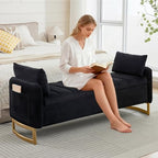 66" End of Bed Storage Bench King Size, Storage Benches for Bedroom, Black | Velvet Upholstered Foot of Bed Bench, Storage Ottoman Benches with Golden Legs, Pillows and Side Pockets for Window, Entryway