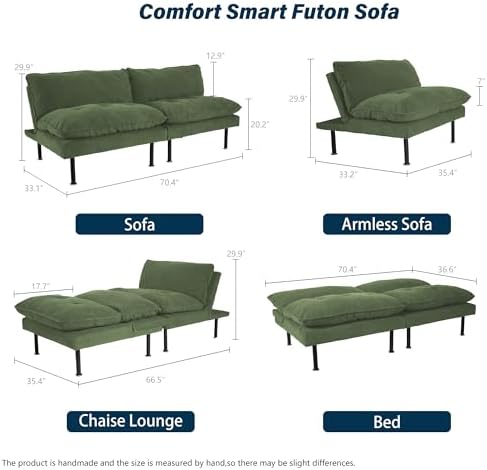 Ribilake 70" Futon Sofa Bed, 4 in 1 Multi-Function Couch Sleeper with Adjustable Backrest, Modern Convertible Futon, Recliner Small Loveseat for Living Room, Dorm, Green