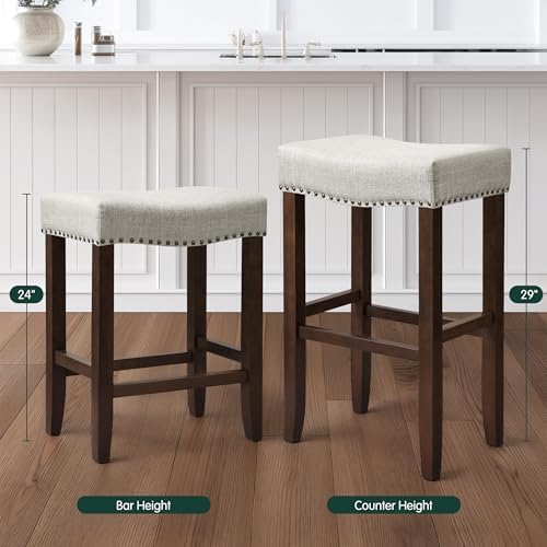 CHUN YI Bar Stools Set of 2, 24 Inch Counter Height Saddle Stools with Nailhead Trim, Backless Upholstered Barstools for Kitchen Island with Wooden Legs, Light Grey, 2 Pack
