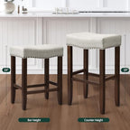 CHUN YI Bar Stools Set of 2, 24 Inch Counter Height Saddle Stools with Nailhead Trim, Backless Upholstered Barstools for Kitchen Island with Wooden Legs, Light Grey, 2 Pack
