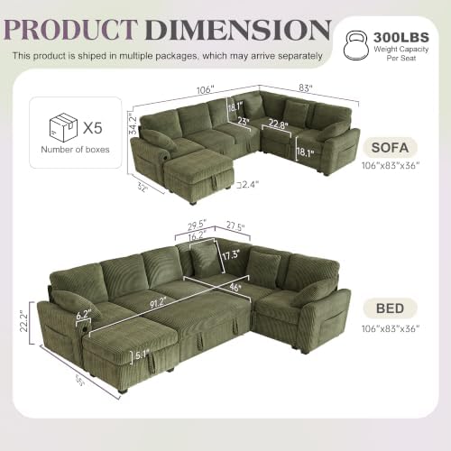 Hanherry Sectional Sofa with Pull Out Couch Bed,6 Seats Corduroy Sleeper Sofa with Storage Ottoman & USB Charging,Comfy L Shaped Modular Couches for Living Room,Apartment