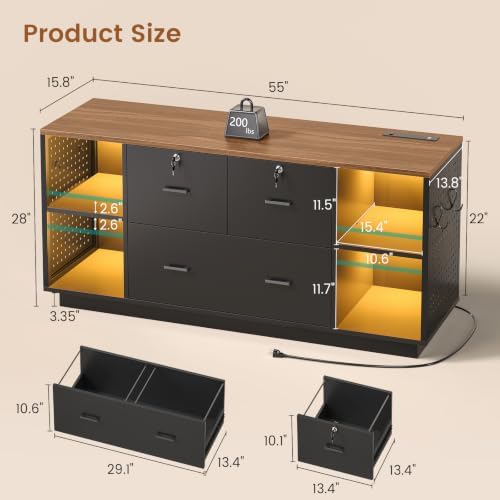SEDETA 55" File Cabinet with Lock, Large 3 Drawers Filing Cabinets for Home Office, Lockable Printer Stand with Storage, Power Strip, LED Light & Pegboard, Black + Brown