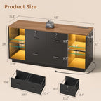 SEDETA 55" File Cabinet with Lock, Large 3 Drawers Filing Cabinets for Home Office, Lockable Printer Stand with Storage, Power Strip, LED Light & Pegboard, Black + Brown