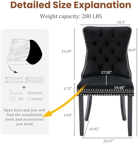Velvet Upholstered Dining Chairs Set of 4, Modern Mid-Century Kitchen Chairs with High Back, Nailhead Trim and Solid Wood Legs,Metal Pulling Ring for Dining Room Living Room,Black