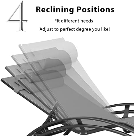 PURPLE LEAF Patio Pool Lounge Chaise Set of 3 Outdoor Lounger Chair, Grey | 2 Chaise + 1 Table, Aluminum Frame, Adjustable Headrest & 5 Recline Angles, Stackable, UV Textilene Fabric, S-Curve Backrest