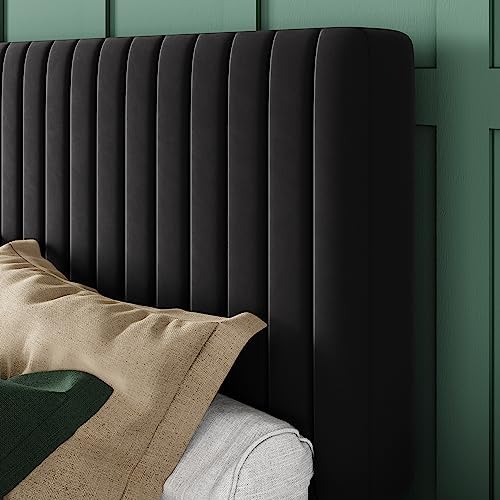 Allewie King Platform Bed Frame, Velvet Upholstered with Adjustable Vertical Channel Tufted Headboard, Mattress Foundation with Strong Wooden Slats, Box Spring Optional, Easy Assembly, Black