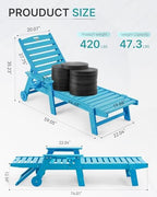 Patio Chaise Lounge Chair Outdoor with Wheels, Oversize Patio Lounge Chairs with Wood Texture, HDPE 6-Position Plastic Lounge Chairs for Poolside, Patio, Deck, Beach，Blue