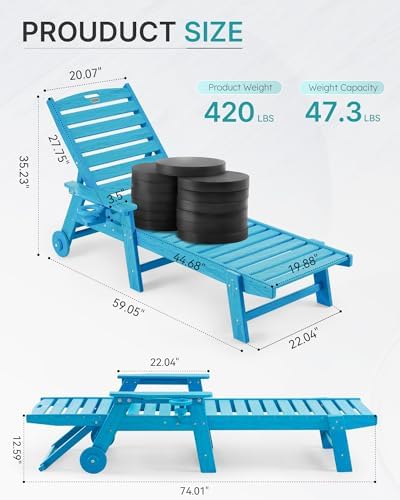 Patio Chaise Lounge Chair Outdoor with Wheels, Oversize Patio Lounge Chairs with Wood Texture, HDPE 6-Position Plastic Lounge Chairs for Poolside, Patio, Deck, Beach，Blue