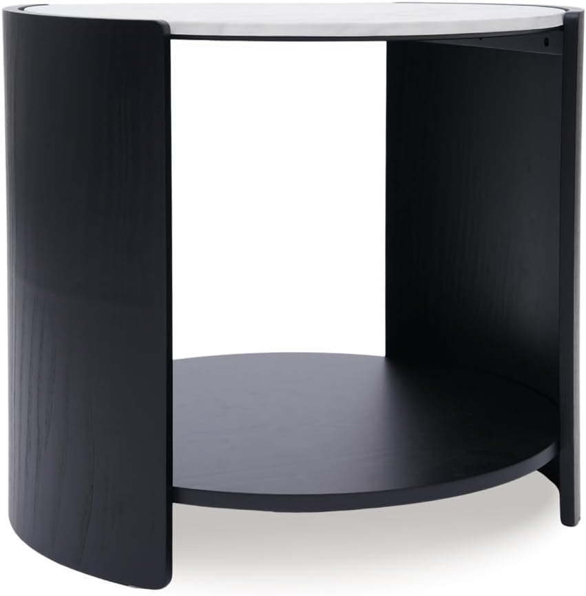 DDAYALANE Farmhouse Wooden Bedside Table for Living Room, White Faux Marble Tabletop, 25" Round Side Table Night Stand for Bedroom with 2-Tier Storage End Table, Rustic Black and White