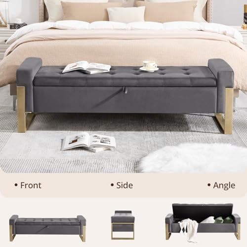End of Bed Storage Bench, 67'' Benches for Bedroom Foot of Bed King Size, Upholstered Velvet Tufted Storage Ottoman Bench with Gold Legs for Window Living Room Entryway, Grey