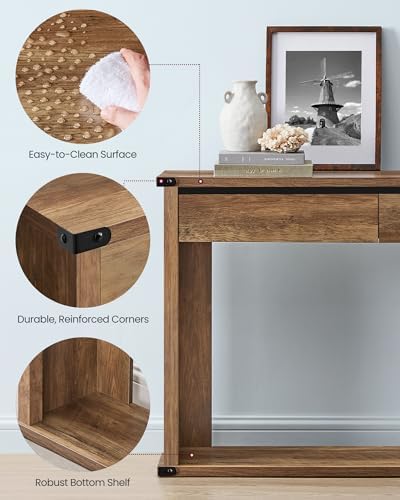 VASAGLE 47.2" Console Table with 3 Drawers, Entryway Table, Bottom Shelf | Narrow Sofa Table Behind Couch, Metal Corners, for Living Room, Bedroom, Farmhouse Style, Honey Brown ULNT143KB01S