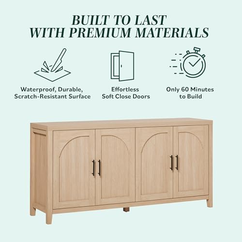 Walker Edison Sasha 4-Door Reeded Sideboard Buffet with Cord Management, 60 Inch, Coastal Oak