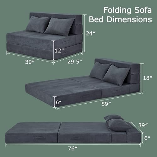 Folding Sofa Bed, Convertible Sleeper Chair Bed, Floor Sofa with Bag | Fold out chair bed/ couch bed, Foam floor futon sofa bed with pillow for guest/ visitor use as temporary floor bed, for adult
