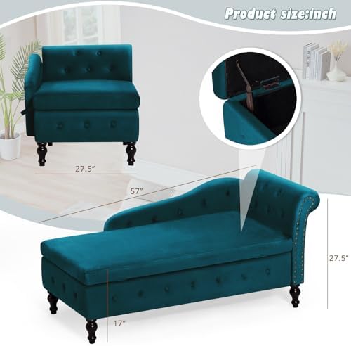 Velvet Chaise Lounge w/Right Armrest & Storage Space, Teal | Button Tufted Lounge Sofa w/Lumbar Pillow, Lounge Chair Indoor, Upholstered Chair for Bedroom, Living Room,Office