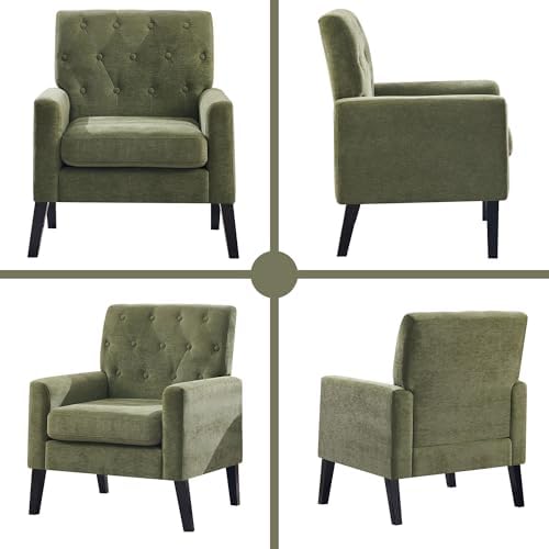 Mid Century Modern Accent Chairs Set of 2, Green Chenille Office Chair for Reception - Tufted Upholstered Club Chair for Living Room, Bedroom, or Waiting Room
