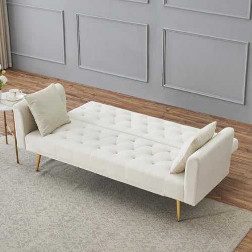 71" Modern Velvet Sofa Bed Futon, Convertible Sleeper Couch, Adj. Backrest | Tufted Recliner Loveseat Design with Golden Chrome Legs & 2 Pillows, Perfect for Small Spaces, Living Room, Apartment