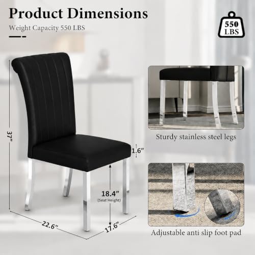 Asday Black and Silver Dining Chairs Set of 2, Modern Faux Leather Upholstered Dining Room Chairs with High Back and Metal Chrome Legs for Kitchen, Living Room, Restaurant, Apartment