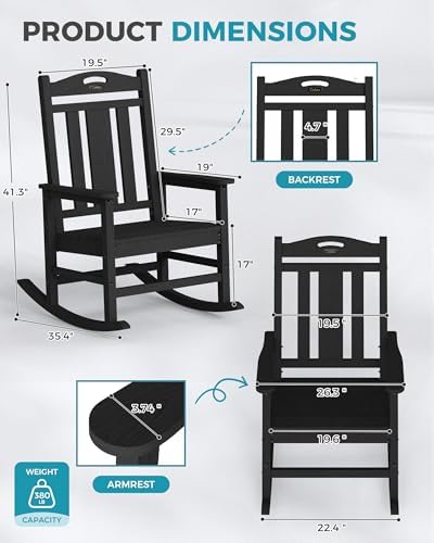 Ciokea Oversized Outdoor Rocking Chair, 380lbs Heavy-Duty Large Patio Rocker, Weather Resistant & Anti-Fade Porch Chair, High Back Cozy Rocking Chair for Outside, Fire Pit, Deck, Garden, Black