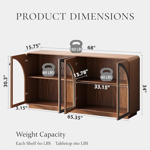 Sideboard Buffet Cabinet with Storage, 68" Walnut Credenza Accent Cabinet Buffet Table w/4 Arched Glass Doors & LED Light, Modern Coffee Bar Liquor Cabinet w/2 Shelves for Kitchen Entryway